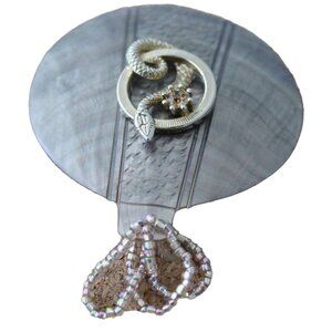 Vintage Mother Of Pearl Fan Brooch With Snake & Beaded Tassel Accent